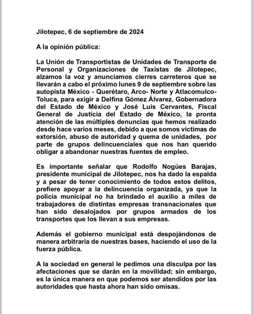 Transportistas amagan con bloqueo el lunes en la México-Querétaro